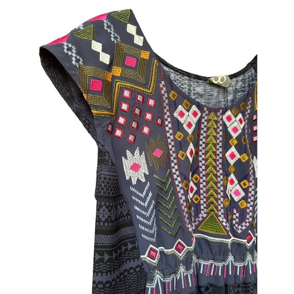 One September  Embroidered Boho‎ Tunic Dress S Navy  Cap Sleeve - Picture 3 of 8